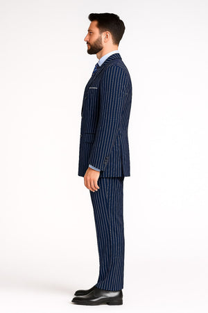 Men Blue Pinstripe Double-Breasted Suit – 6-Button Classic Vintage Gangster Style in Indigo Cobalt Blue  Pinstripe Color