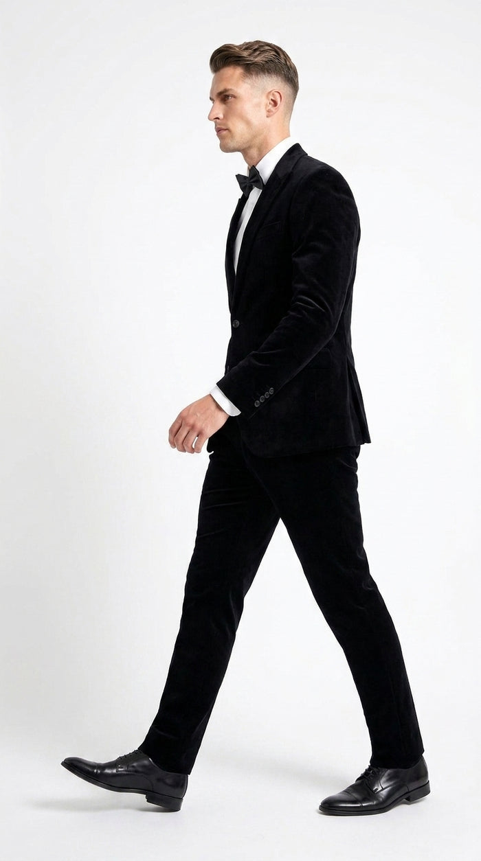 Men’s Black Velvet 2-Piece Suit – Notch Lapel Wedding, Prom and Formal Evening Suit Modern Fit