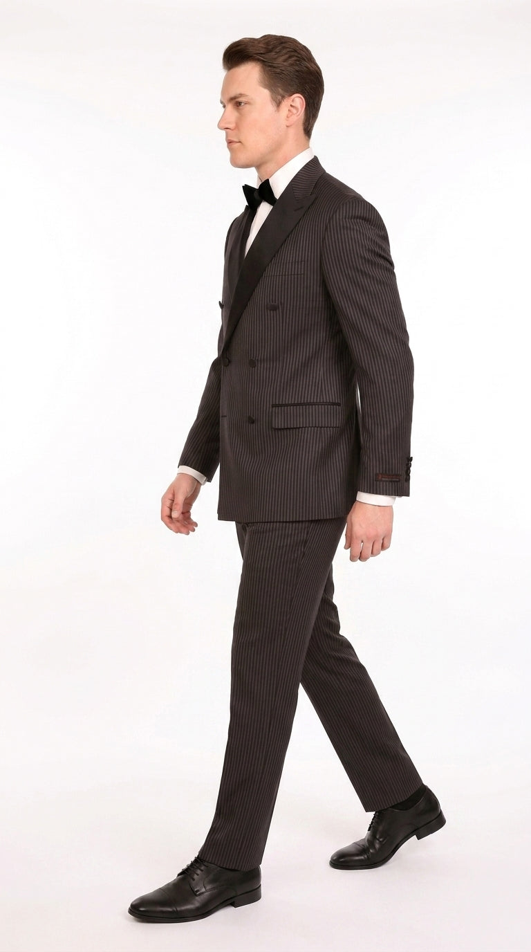 Men’s Black Shadow Pinstripe Double-Breasted Tuxedo Tone on Tone Formal Wedding  Suit Modern Fit 1920s Style