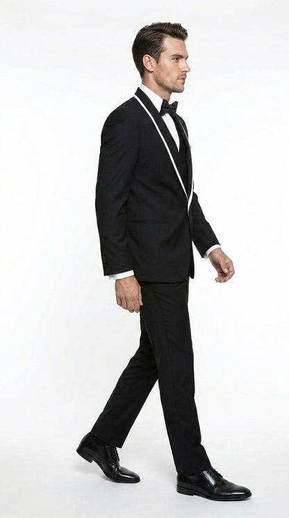 Men’s Black 1 Button Blazer with Shawl Lapel and White Trim, Formal Dinner Jacket Sport Coat