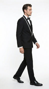 Men’s Black 1 Button Blazer with Shawl Lapel and White Trim, Formal Dinner Jacket Sport Coat