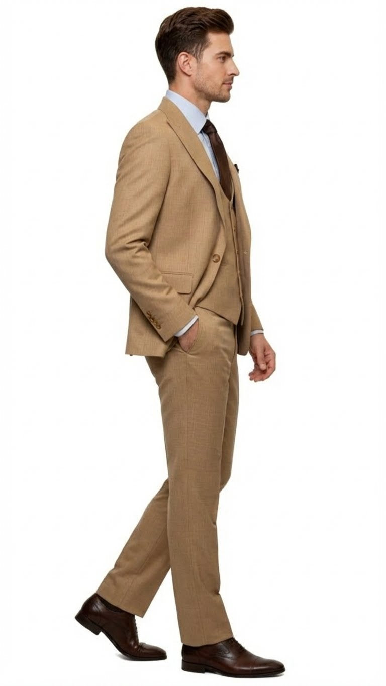 Men's Tan Three-Piece Suit with Vest – Classic Tailored Fit  in camel khaki Bronze color By Rossiman - Image 3