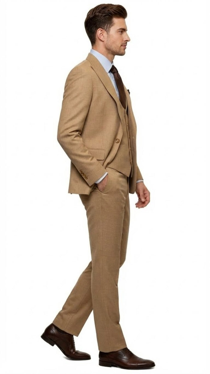Men's Tan Three-Piece Suit with Vest – Classic Tailored Fit  in camel khaki Bronze color By Rossiman - Image 3