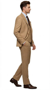 Men's Tan Three-Piece Suit with Vest – Classic Tailored Fit  in camel khaki Bronze color By Rossiman - Image 3