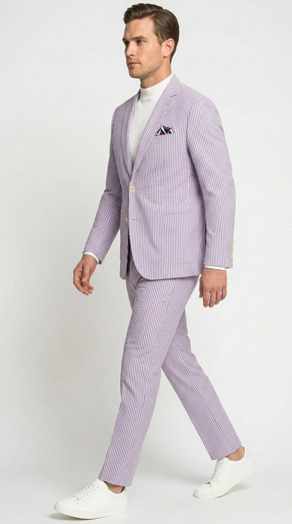 Men’s Lavender Seersucker 2 Piece Suit, Lightweight Summer Blazer and Pants Set for Weddings, Parties, Prom, and summer fabric