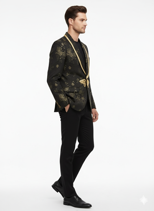 Men’s Black and Gold Embroidered Luxury Blazer – Designer Floral Pattern Wedding & Party Jacket (Sim534)