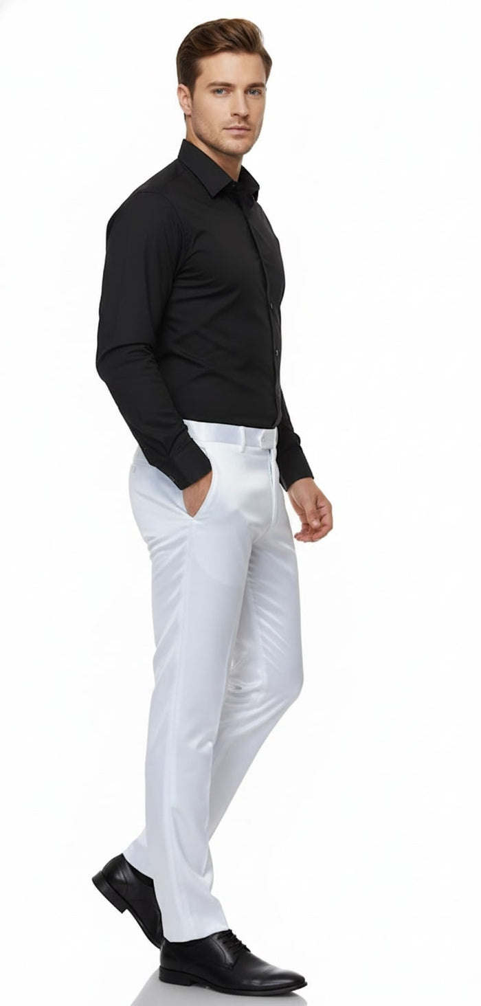 Mens White Satin Slim Fit Dress Pants – Shiny Formal Party and Wedding Trousers