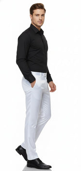 Mens White Satin Slim Fit Dress Pants – Shiny Formal Party and Wedding Trousers