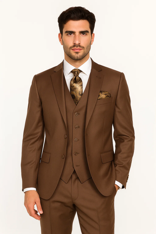 2 Button 3 Piece Mocca Fitted Suit Copper~Rust~Cognac
