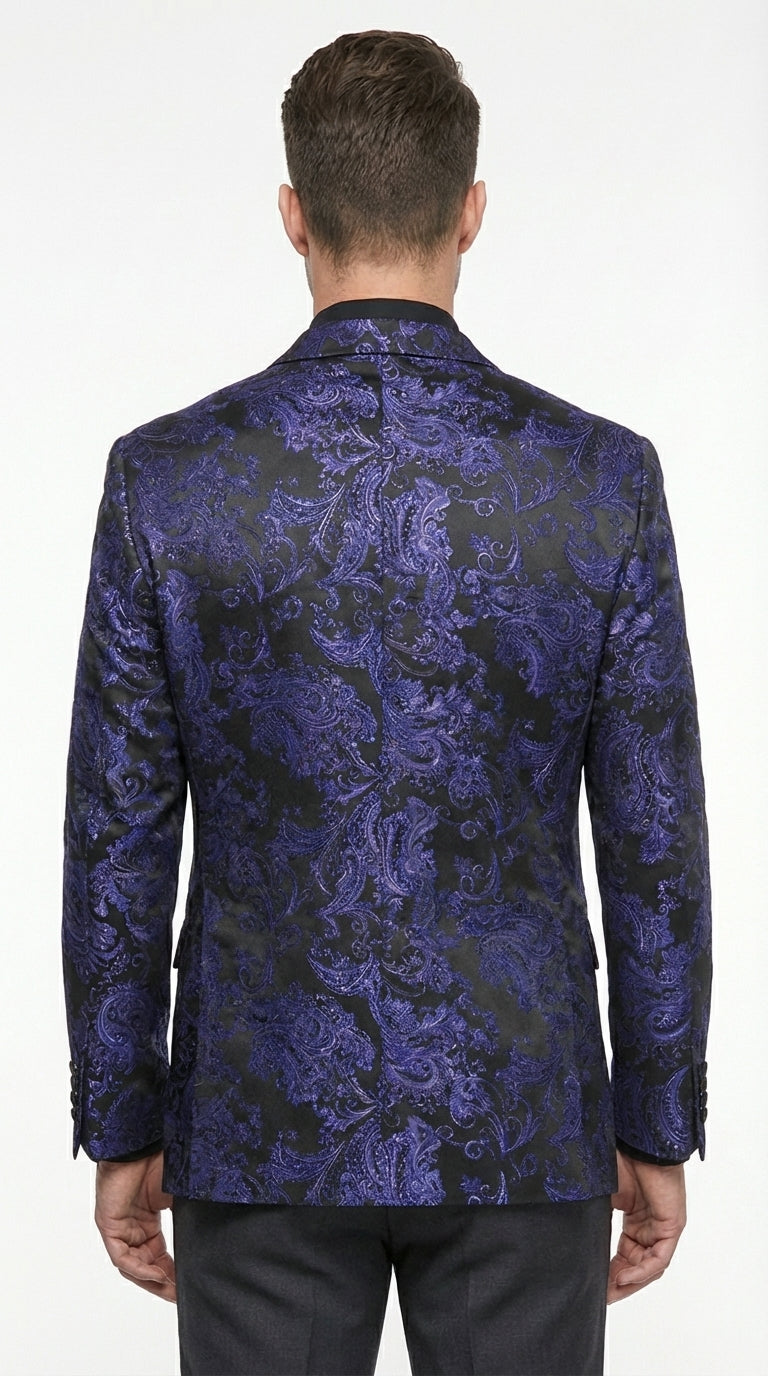 Mens Blue Paisley Jacquard Blazer – Luxury Pattern Tuxedo Dinner Jacket with Black Satin Lapel for Wedding, Prom With Bowtie