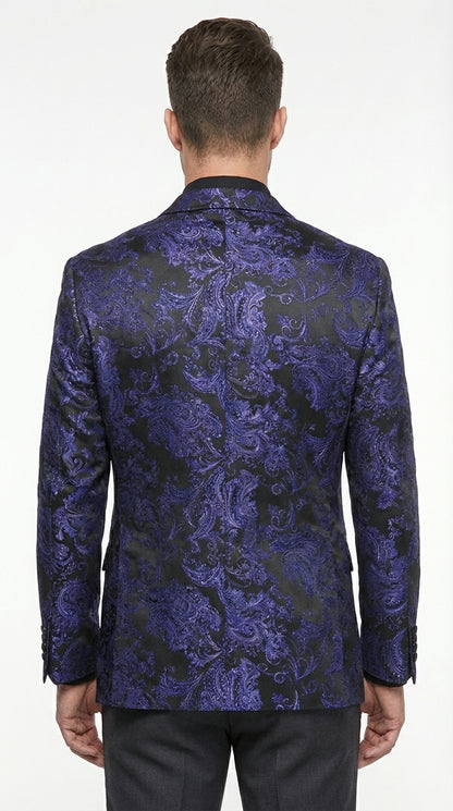 Mens Blue Paisley Jacquard Blazer – Luxury Pattern Tuxedo Dinner Jacket with Black Satin Lapel for Wedding, Prom With Bowtie