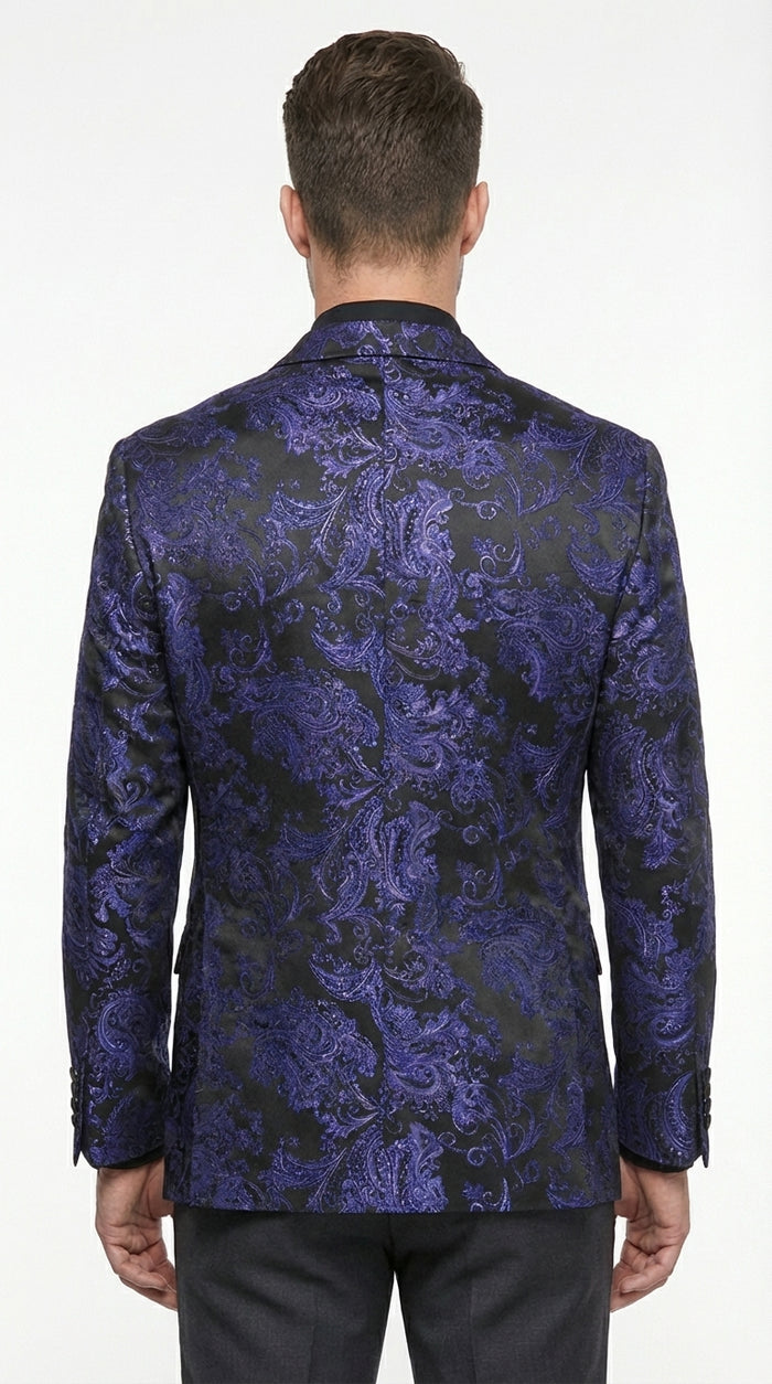 Mens Blue Paisley Jacquard Blazer – Luxury Pattern Tuxedo Dinner Jacket with Black Satin Lapel for Wedding, Prom With Bowtie