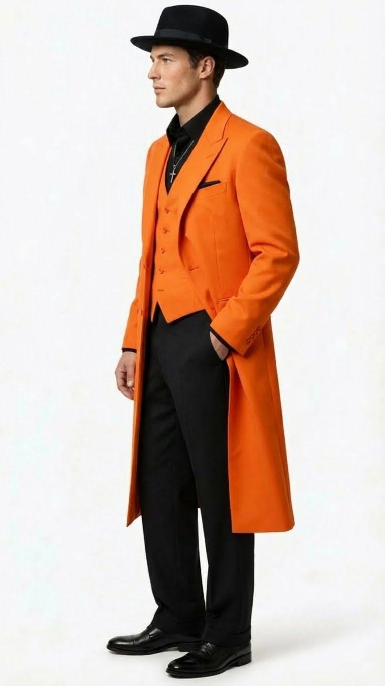 Men’s halloween Costume Orange Long Zoot Suit Set With Black Shirt and Black Pants included