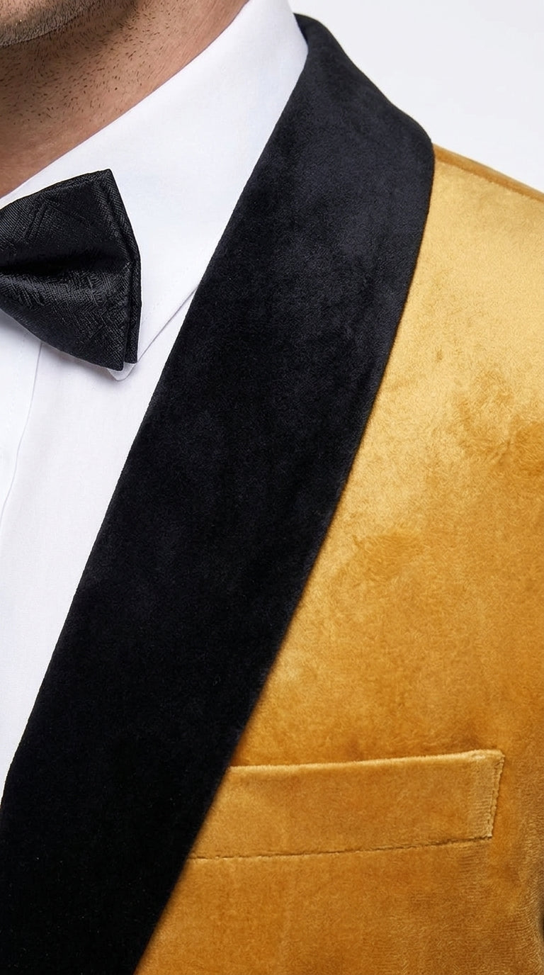 Men’s Velvet Gold Tuxedo Dinner Jacket – Black Shawl Lapel Wedding & Prom Blazer