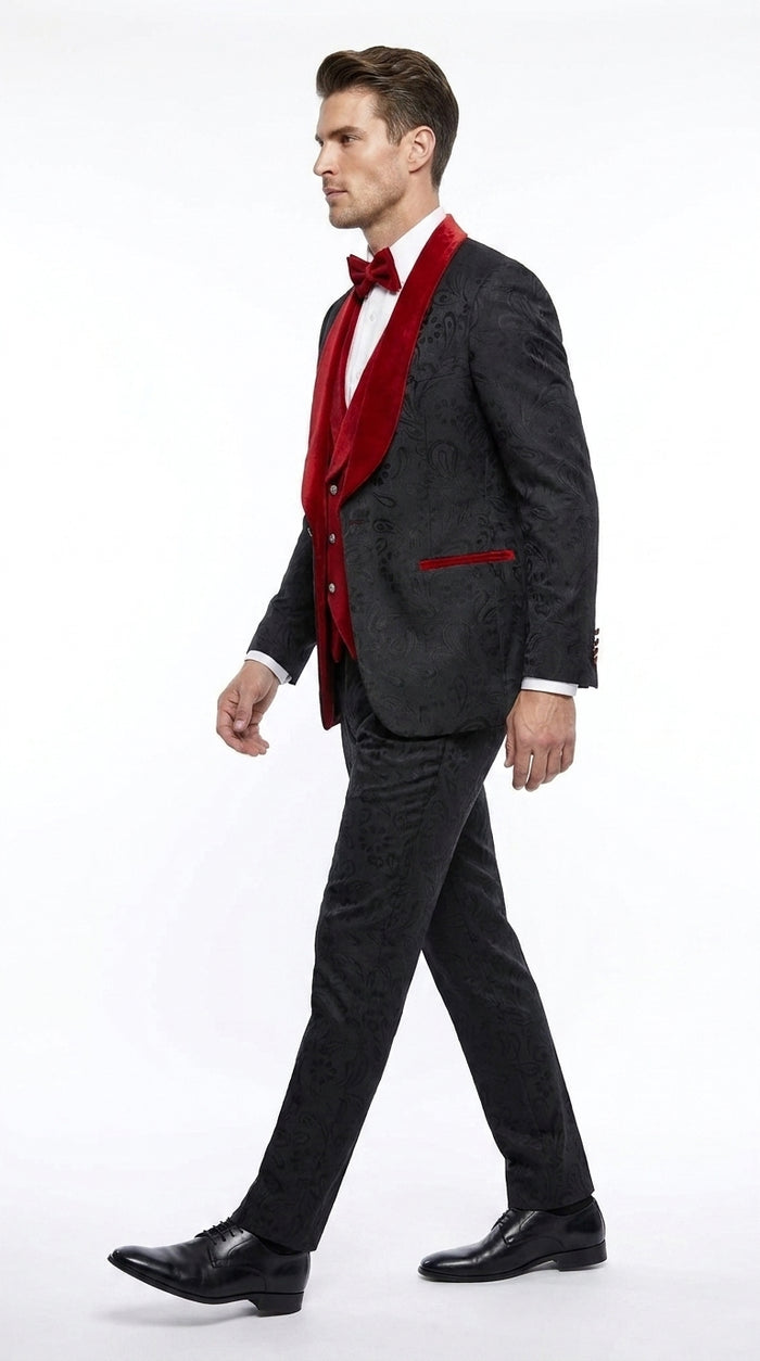 Men’s Black Paisley Tuxedo with Red Velvet Shawl Lapel – 3 Piece Wedding Prom Suit With Matching Bowtie
