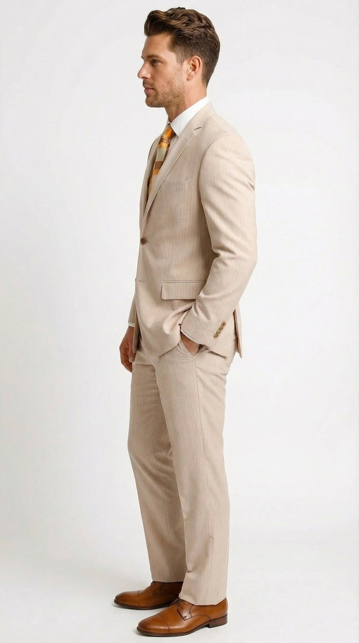 Vitali Men’s Natural Beige Pinstripe Suit – Summer Tan Pinstripe  Weddings and Business Wear Modern Fit