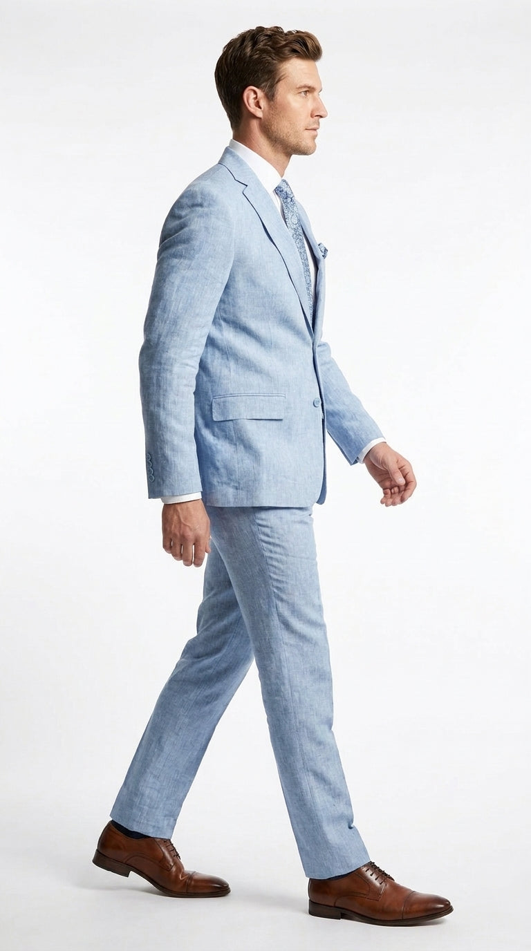 Men’s Light Blue Linen Summer Suit – Two Button Blazer with Elbow Patch Sleeves