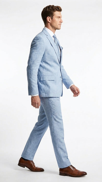 Men’s Light Blue Linen Summer Suit – Two Button Blazer with Elbow Patch Sleeves