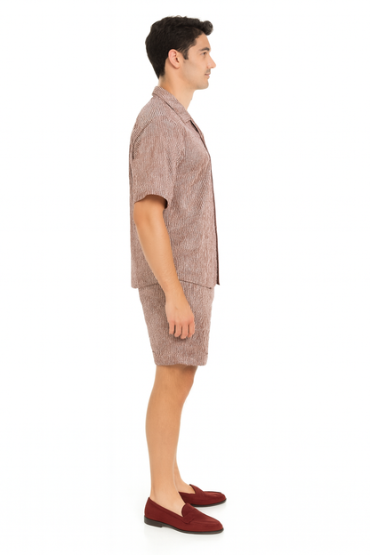 Men’s Burgundy Reddish Seersucker Short Set Walking Suit – Two-Piece Cuffed Shorts with Expandable Waist