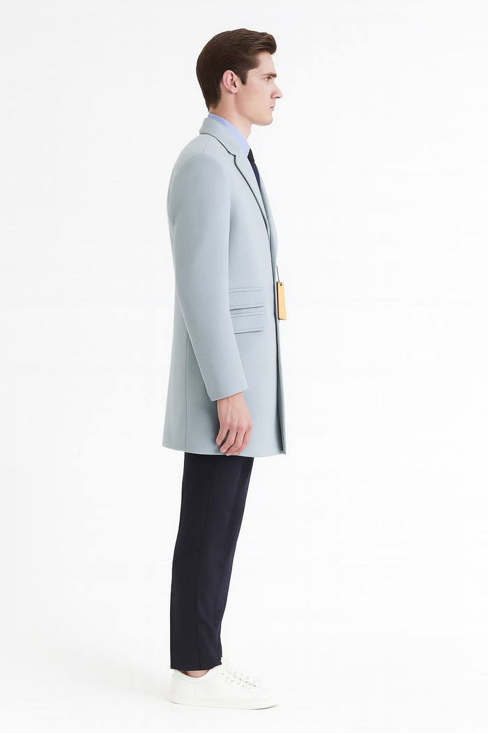 Mens Light Blue Wool Overcoat – Modern Long Coat with Classic Tailored Fit in Sky Blue - Image 3
