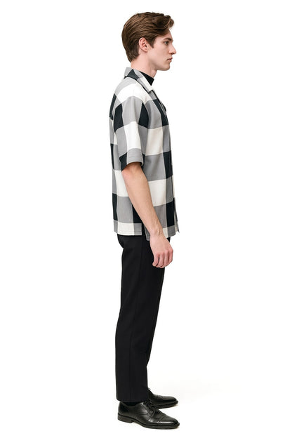 Mens Black and White Checkered Short Sleeve Shirt Set – Casual Two-Piece Summer Outfit - Image 2