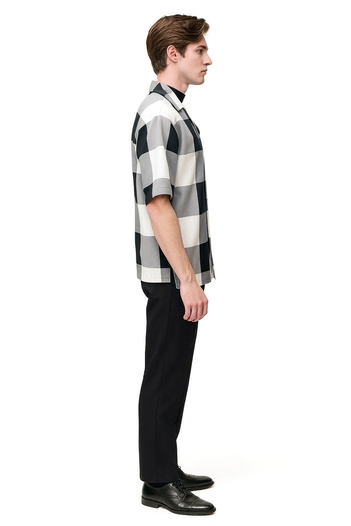 Mens Black and White Checkered Short Sleeve Shirt Set – Casual Two-Piece Summer Outfit - Image 2