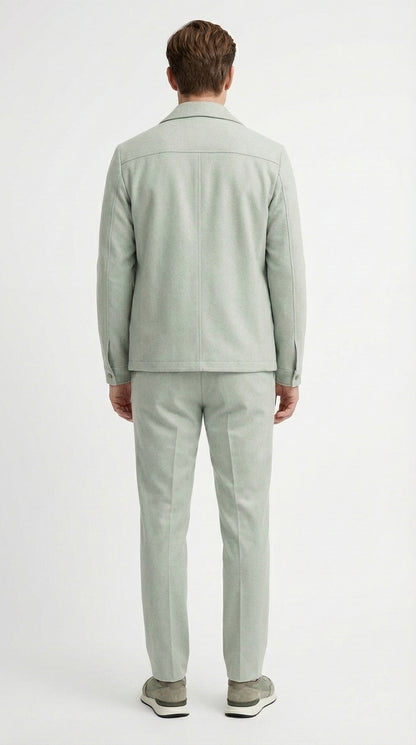 Mens Sage Green Walking Suit Set – Casual Safari Military Jacket and Pants Outfit for Travel