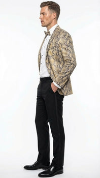 Men’s Beige and Black Snakeskin Print Blazer – Alligator Crocodile Exotic Sking Sport Coat Jacket in Tan Camel Color
