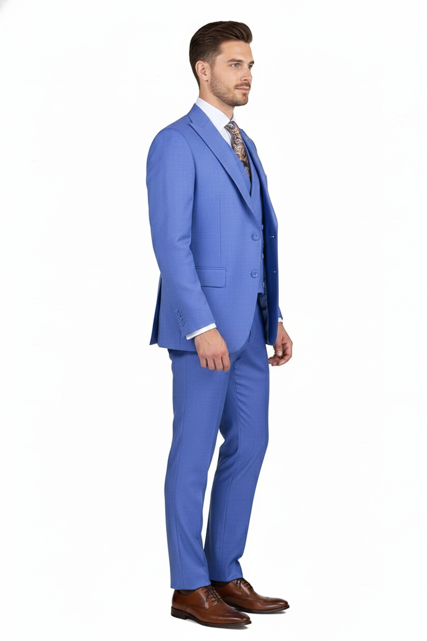 Men’s Light Blue Double-Breasted 3-Piece Suit Set – Tailored Fit Formal Business Suit in Steel Blue Sky Blue Color Modern Fit
