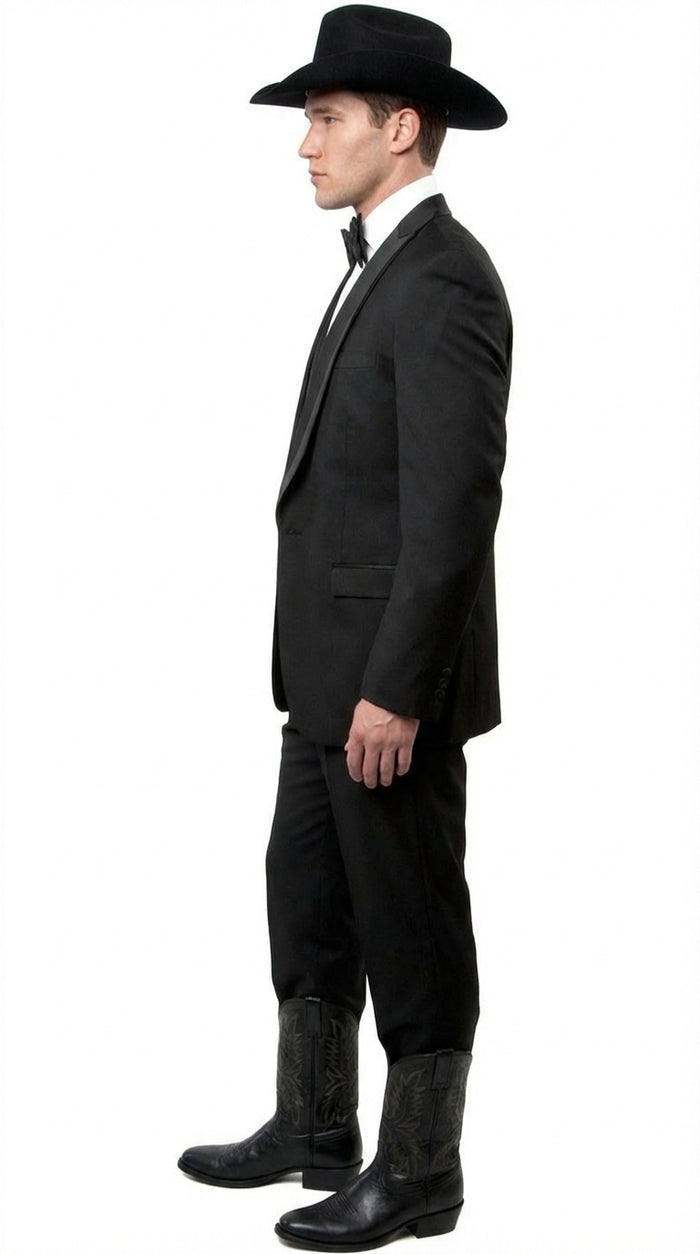 Black Western Tuxedo for Men | Classic Three Piece Formal Wedding Peak Lapel with Trim Collar Cowboy Suit - Image 3