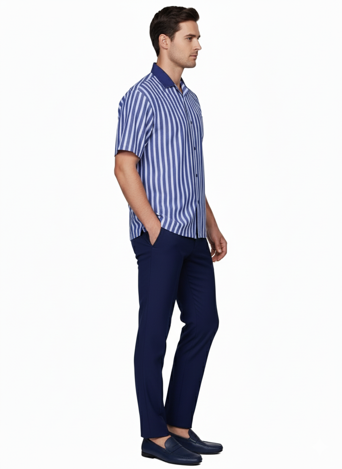 Men’s Blue and White Vertical Stripe Short Sleeve Shirt Set – Casual Summer Two-Piece Outfit  With Walking Suit Plus Matching Pants