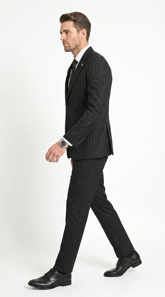 Men’s Black Tonal Shadow Pinstripe Vested Suit – 3 Piece Classic Fit Formal Wedding & Business Suit By Vitali