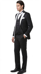 Men’s Black and White Lapel Prom Tuxedo Suit + Black Vest + Black Pants Peak Lapel