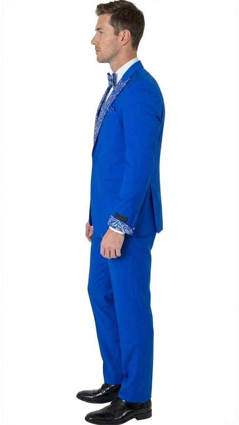Men’s Bright Royal Blue and White lapel  Embellished Tuxedo Suit –  3-Piece Formal Wedding, Prom, and Gala Outfit
