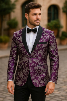 Mens Purple and White Paisley Floral Brocade Tuxedo Jacket - Suit with Satin Lapel Wtih Black Pants