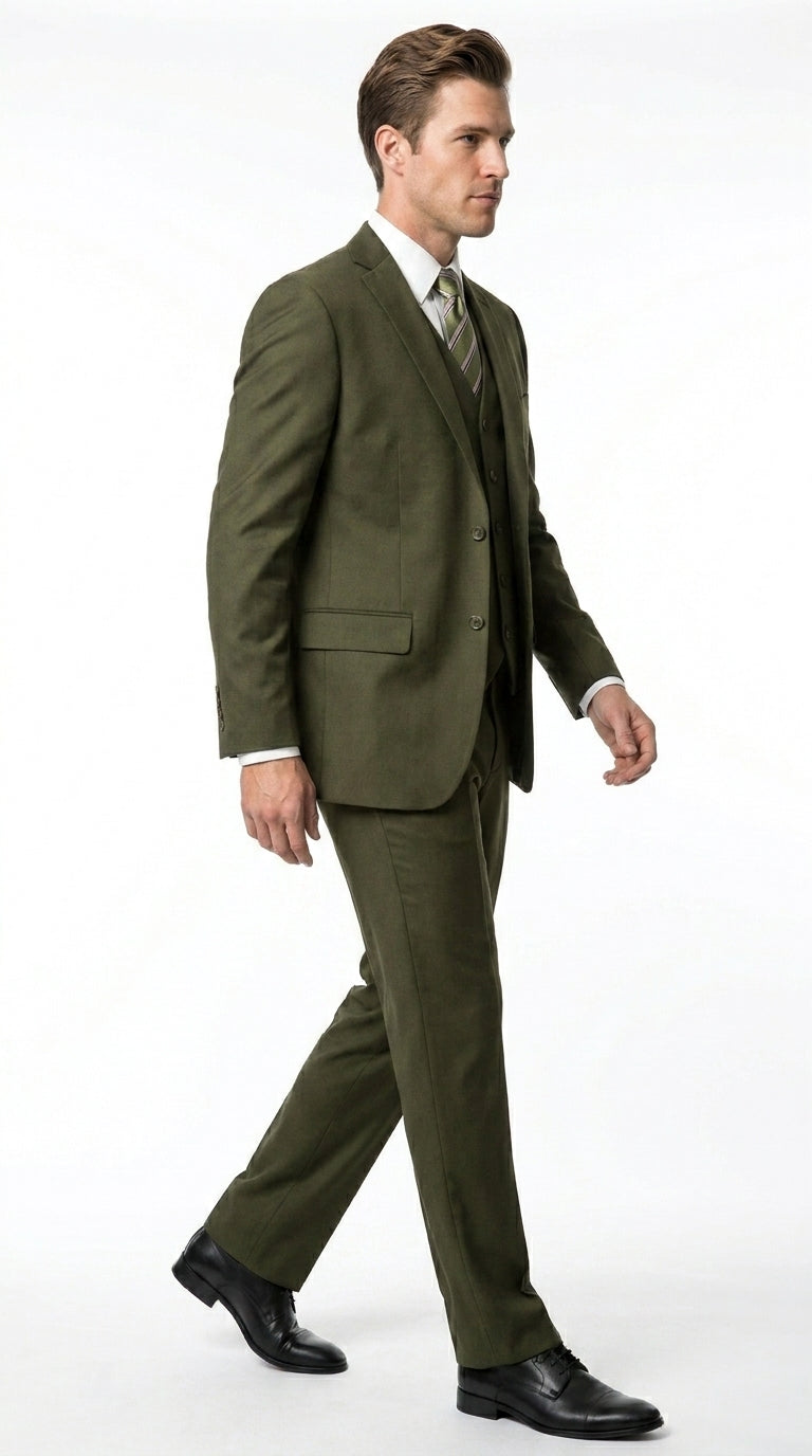 Men’s Olive 3 Piece Suit with Blazer, Vest and Pants, Formal Wedding Business Dress Suit