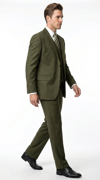 Men’s Olive 3 Piece Suit with Blazer, Vest and Pants, Formal Wedding Business Dress Suit