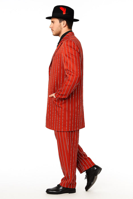 Men’s Red Pinstripe Zoot Suit – 1920s Gangster Pimp Style with Long Jacket & Matching Hat