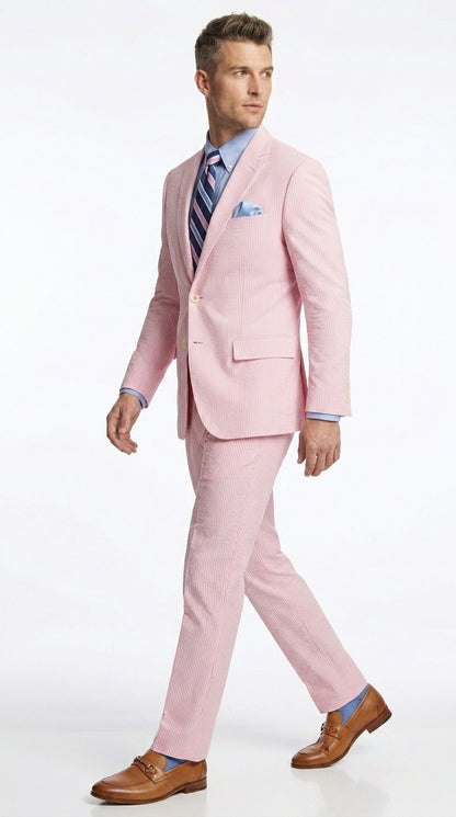 Men’s Pink Seersucker 2 Piece Suit, Lightweight Summer Dress Suit for Weddings, Prom, Parties, and Special Occasions Modern Fit