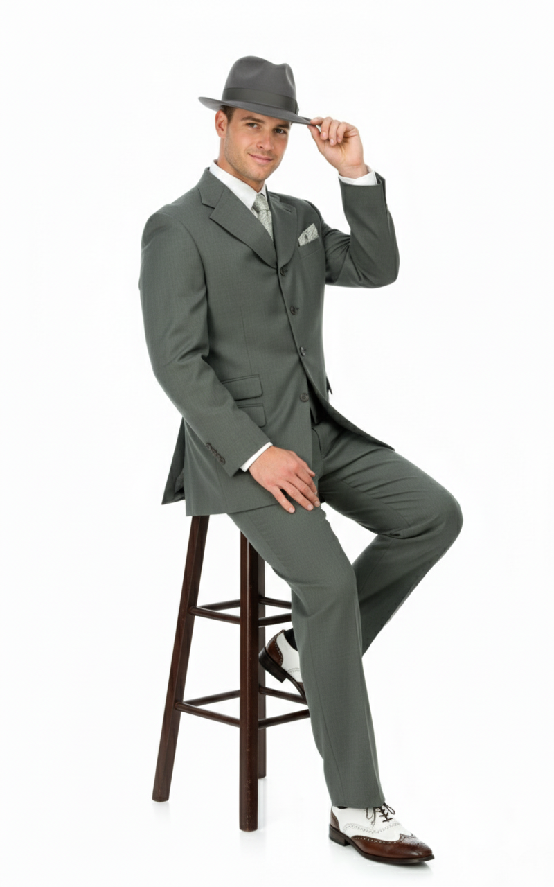 Men’s 1920s Olive Zoot Suit  – 4 Buttons  Gangster Wide Lapel Long Jacket 3-Piece Suit in Olive Color Classic Fit Pleated Pants