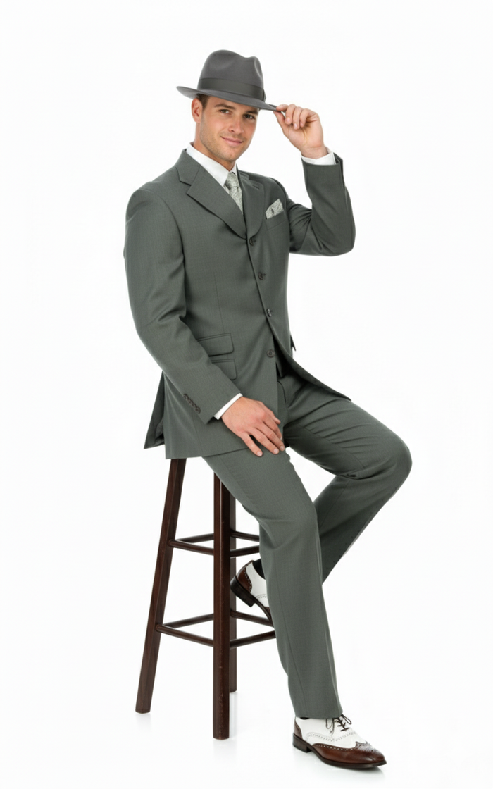 Men’s 1920s Olive Zoot Suit  – 4 Buttons  Gangster Wide Lapel Long Jacket 3-Piece Suit in Olive Color Classic Fit Pleated Pants