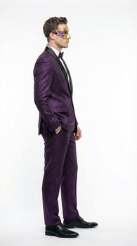Mens Purple Shimmer Mardi Gras Suit with Black Satin Lapel – Shiny Metallic Formal Party and Carnival Suit Sequin Look