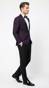 Men’s Eggplant Plum Purple Tuxedo Blazer with Satin Lapel, White Tuxedo Shirt and Matching Purple Bow Tie - Slim Fitted - Prom wedding Suit With Pants