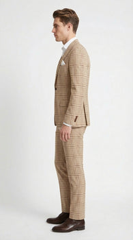 Beige Tan Plaid windowpane Two Piece Suit for Men | Classic Checkered Formal Suit with Jacket and Pants by Rossiman - Image 3