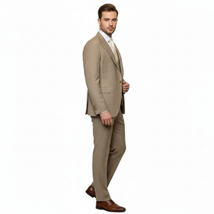 Men’s Beige Pinstripe Three-Piece Suit – Classic Fit Formal Suit with Vest and Flat-Front Pants in Tan Stripe By Rossiman