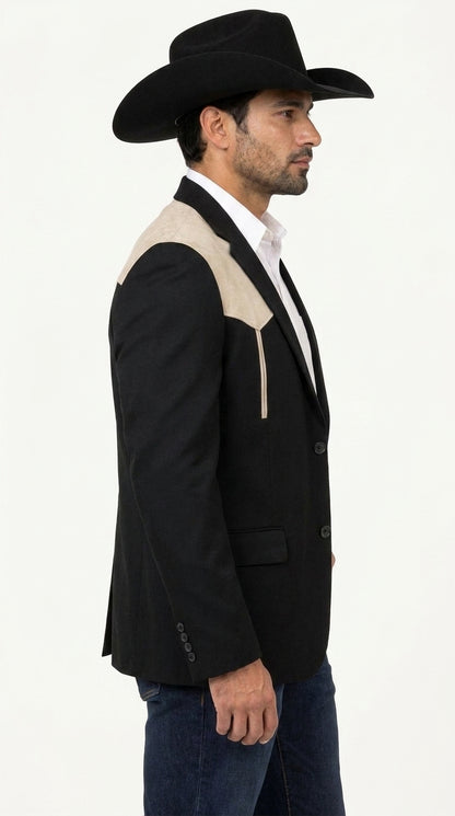 Men’s Black & Bone Tan Western Blazer – Cowboy Sport Coat with Suede Yoke for Rodeo, Ranch & Country Wear