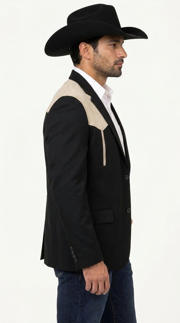 Men’s Black & Bone Tan Western Blazer – Cowboy Sport Coat with Suede Yoke for Rodeo, Ranch & Country Wear