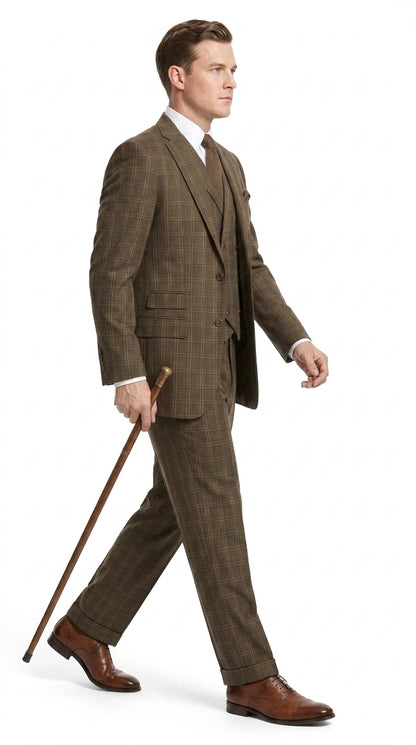 Men’s 1930s Brown Plaid 3 Piece Suit, Vintage Formal Wedding Business Dress Suit Set  Modern Fit