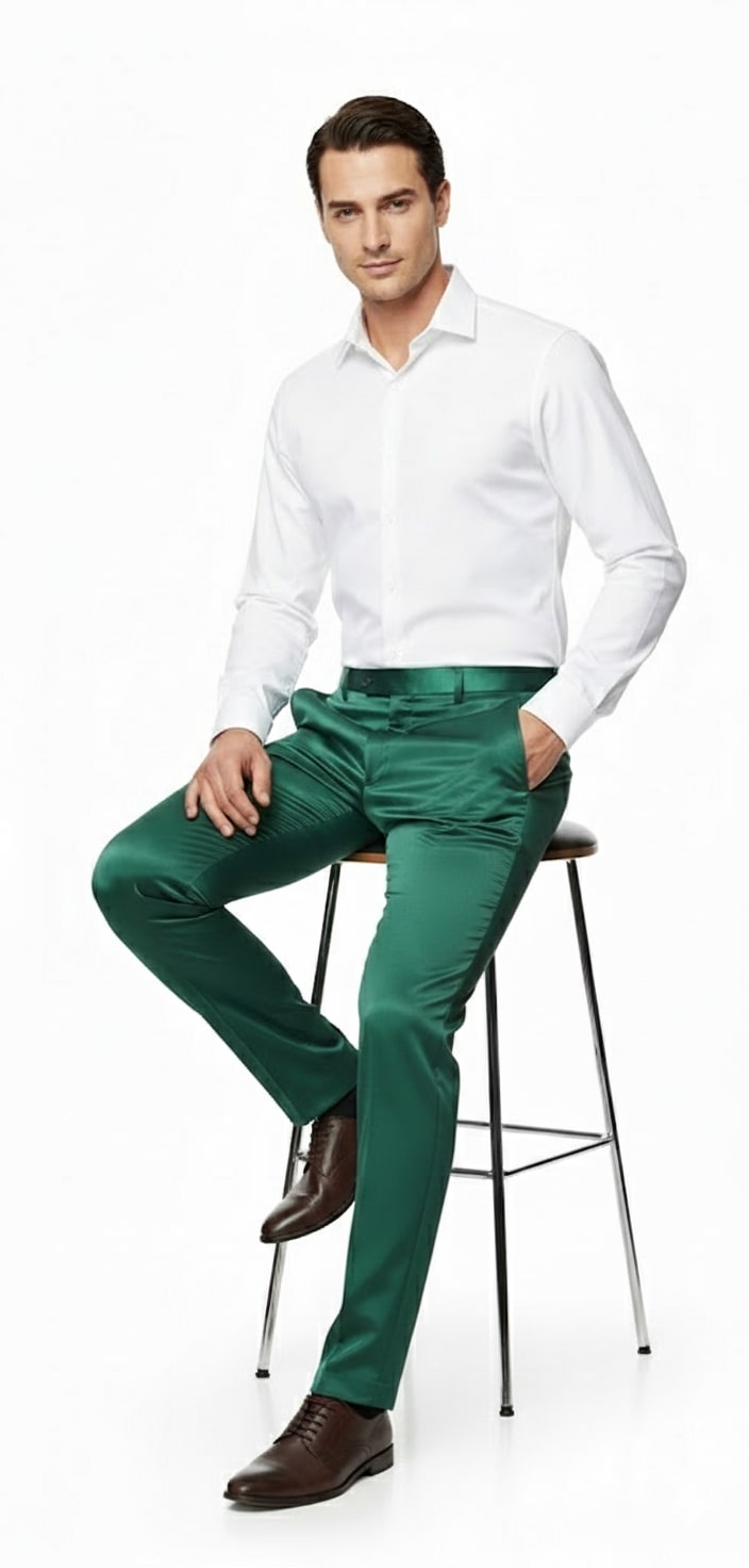 Mens Emerald Green Satin Slim Fit Dress Pants – Shiny Formal Party and Wedding Trousers - Image 3