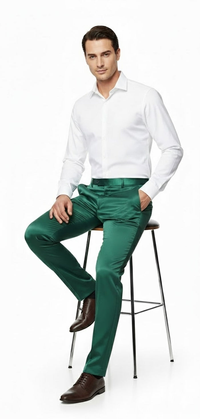Mens Emerald Green Satin Slim Fit Dress Pants – Shiny Formal Party and Wedding Trousers - Image 3